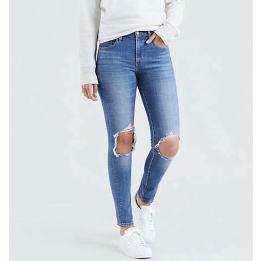 Levis 721 High Rise Ripped Distressed Knee Skinny Jeans 27
